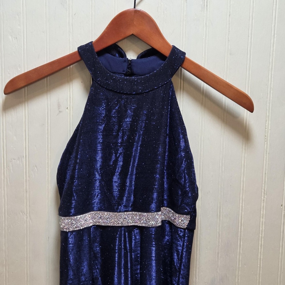 Rare‎ Editions Jumpsuit Girls 10 Blue Glitter Halter Rhinestone Waist Party